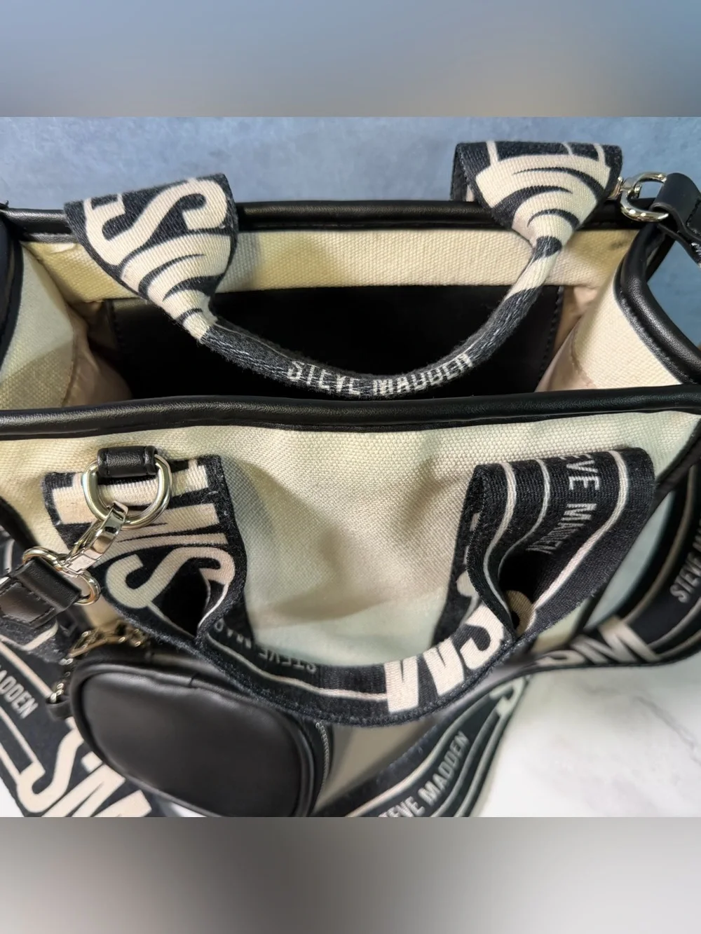Steve Madden Black & Cream Logo Strap Tote with Coin Pouch
